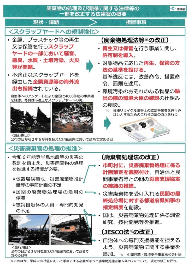 使用済みの金属・プラスチック等のスクラップヤードの規制強化 廃棄物処理法改正案